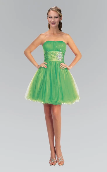 Strapless Tulle A-Line Bridesmaid Dress with Ruffles & Beading