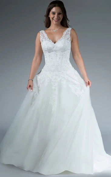 Crystal V Neck A-Line Tulle Wedding Dress with Applique and Drop Waist