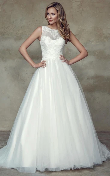 Ball-Gown Wedding Dress with Court Train and Illusion Back Sleeveless Appliqued Lace & Satin Dress