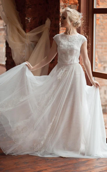 Tulle Appliqued Wedding Dress with Cap Sleeves and Beading