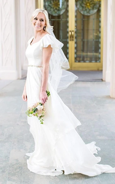 Chiffon A-line Wedding Dress with V-neck and Zipper Classic Bridal Gown