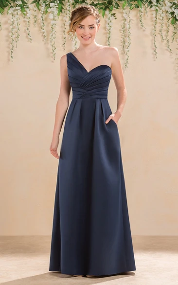 One-Shoulder Satin A-Line Bridesmaid Dress with Pockets and Ruching Elegant 2024 Women's Gown