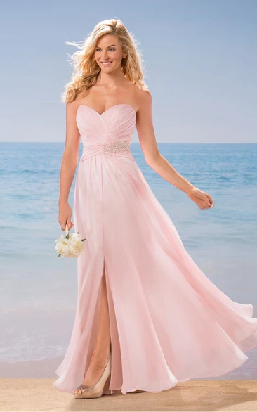 Chiffon Bridesmaid Dress with Front Slit and Jewels Sweetheart A-Line