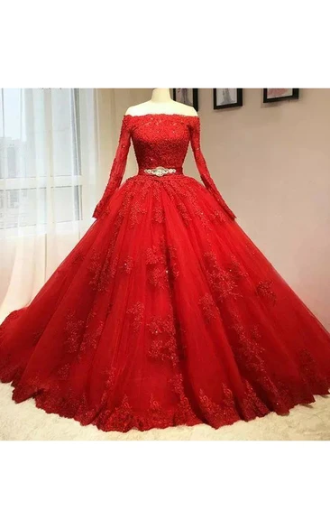 Long Sleeve Lace Tulle Prom Dress with Appliques and Sash Ball Gown Style