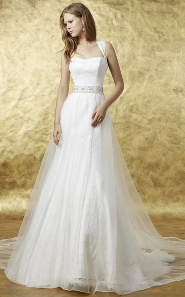 Tulle Appliqued Wedding Dress with Illusion Straps and Waist Jewelry Long Elegant