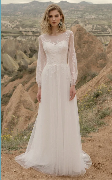 Casual Jewel Neckline A-Line Bateau Wedding Dress with Corset Deep-V Back Simple Wedding Dress