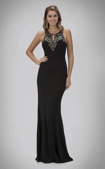 Sleeveless Jersey Illusion Formal Dress with Beading Sheath Long Scoop-Neck