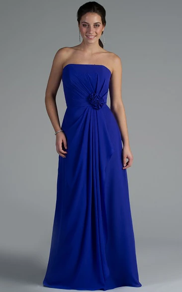 Strapless Chiffon Dress with Pleats and Waist Flower for Bridesmaids
