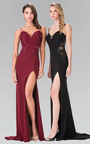 Spaghetti Strap Sheath Jersey Prom Dress with Split Front and Embroidery