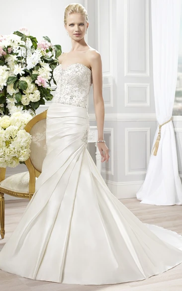 Trumpet Satin Wedding Dress with Sweetheart Neckline and Beaded Side Draping Classy Bridal Gown