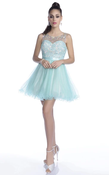 A-Line Lace and Tulle Mini Prom Dress with Rhinestone Top Unique Prom Dress Women