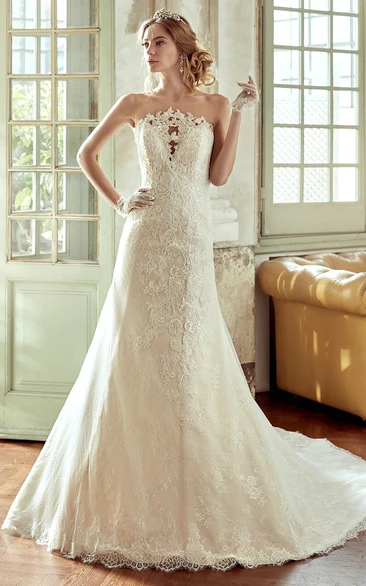 Strapless Lace Wedding Dress with Appliqued Bust and Brush Train Unique Bridal Dress Flowy Women