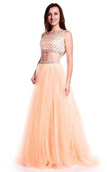 Sleeveless A-Line Beaded Tulle Prom Dress with Illusion Back