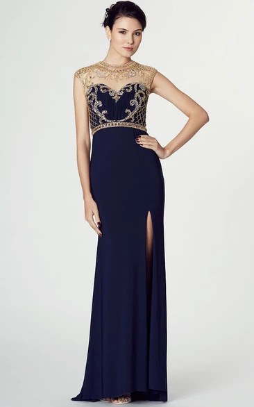 Illusion High Neck Split-Front Prom Dress with Beading Floor-Length