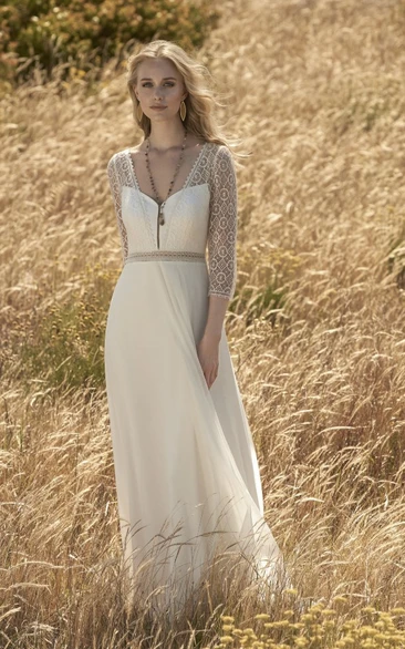 Elegant Keyhole Back Chiffon Wedding Dress with 3/4 Sleeves