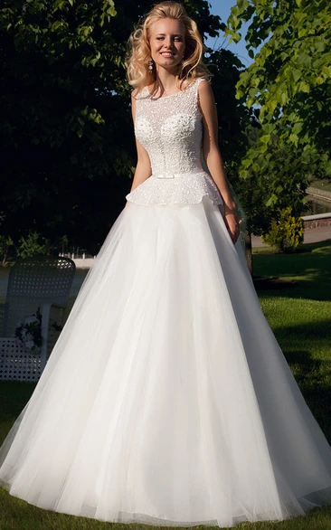 Peplum Tulle Wedding Dress With Beading and V Back in Floor-Length