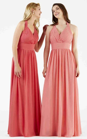 Halter Chiffon Bridesmaid Dress with V Back Ruched Long Elegant