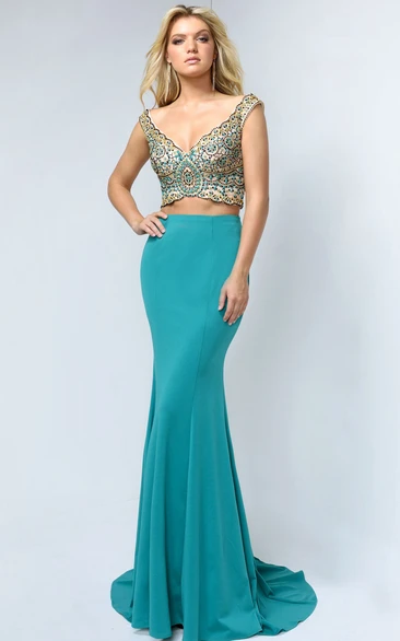 V-Neck Sheath Jersey Sleeveless Formal Dress With Beading Low-V Back