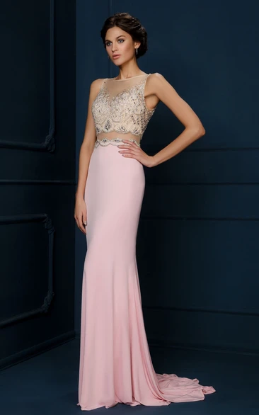 Bateau Neck Chiffon Evening Dress with Appliqued Sheath Silhouette