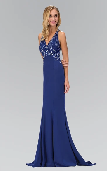 V-Neck Sleeveless Sheath Formal Dress with Beading and Illusion Detail