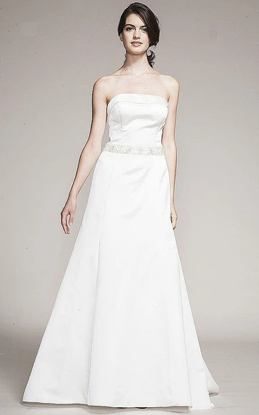 Satin Strapless A-Line Wedding Dress with Jeweled Maxi