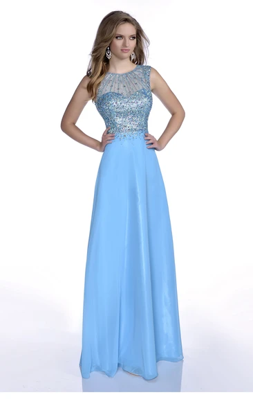 Chiffon Jewel Neck Rhinestone Prom Dress with Keyhole Back and Sleeveless Design