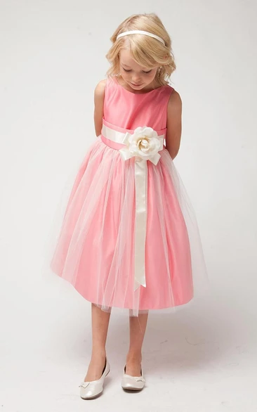 Tiered Tulle & Satin Flower Girl Dress Tea-Length