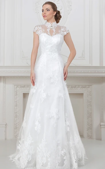 A-Line High Neck Lace Wedding Dress with Corset Back Cap-Sleeves Maxi