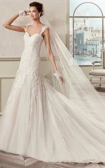 Lace Sweetheart Cap Sleeve Bridal Gown with Applique Straps and Open Back