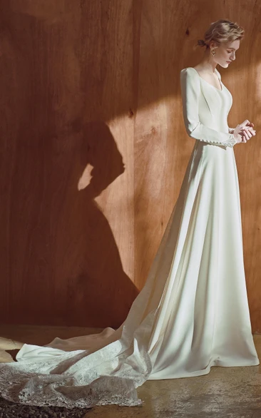 Simple A Line Satin V-neck Wedding Dress Long Sleeve