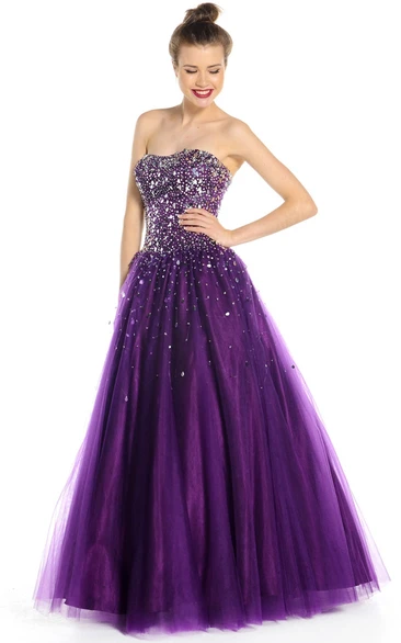 Beaded Tulle Strapless Prom Dress A-Line Floor-Length Style