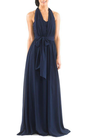 Bridesmaid Chiffon Halter Dress with Sash in Long Length