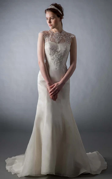 Cap-Sleeve Jewel Satin Sheath Wedding Dress with Illusion Back and Beading