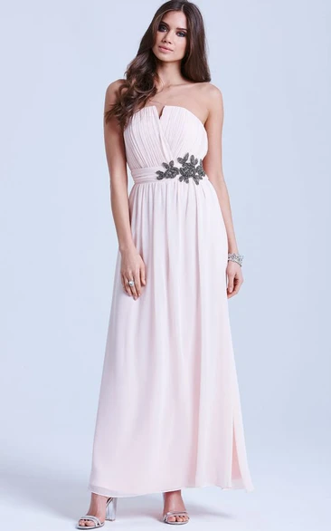 Beaded Chiffon Bridesmaid Dress with Ruching Sleeveless Ankle-Length