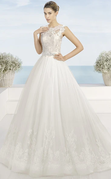 Bateau Lace Wedding Dress with Waist Jewelry & Low-V Back Ball-Gown