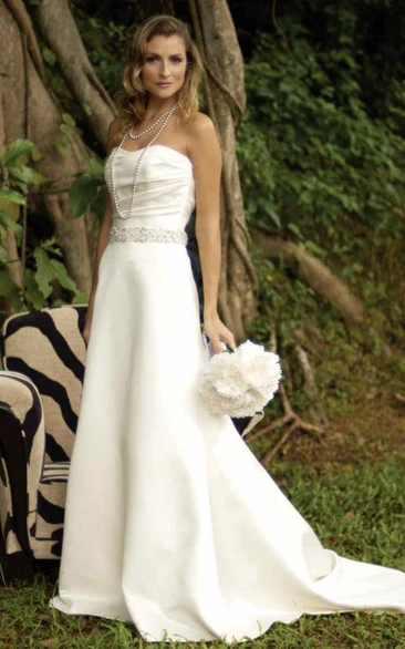 Strapless Satin Sheath Wedding Dress with Waist Jewelry Elegant Bridal Gown