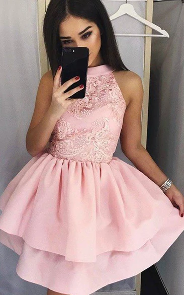 High Neck Ball Gown Sleeveless Satin Lace Homecoming Dress