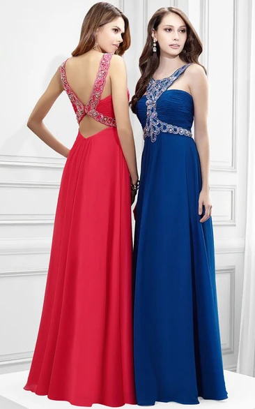 Chiffon Prom Dress with Ruched Bodice and Sleeveless Scoop Neck