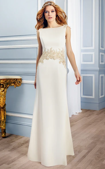 Sleeveless Bateau Appliqued Satin Wedding Dress with Court Train Sheath Bridal Gown