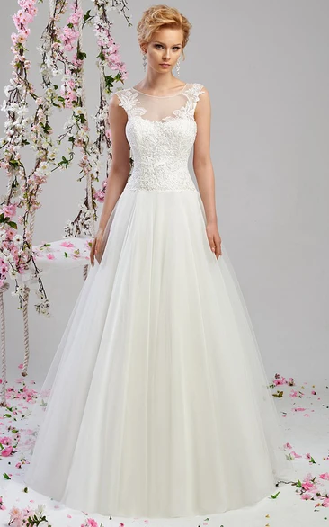 Sleeveless Tulle Wedding Dress with Pleats A-Line Floor-Length Scoop-Neck Appliqued