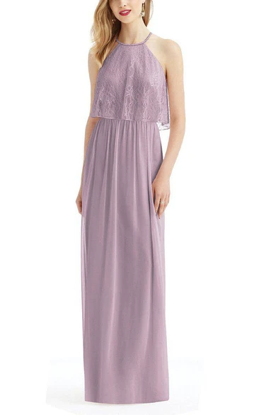 High-neck Chiffon Bridesmaid Dress with Lace Bodice Simple and Elegant