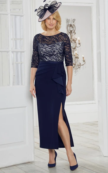 Jersey Pencil Mother of the Bride Dress with Split Front Casual Half Sleeve Ankle-length