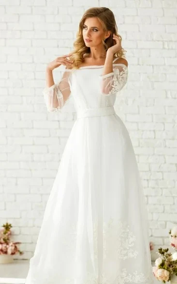 Simple A Line Tulle Floor-length Wedding Dress with Off-the-shoulder Sleeves & Ruching
