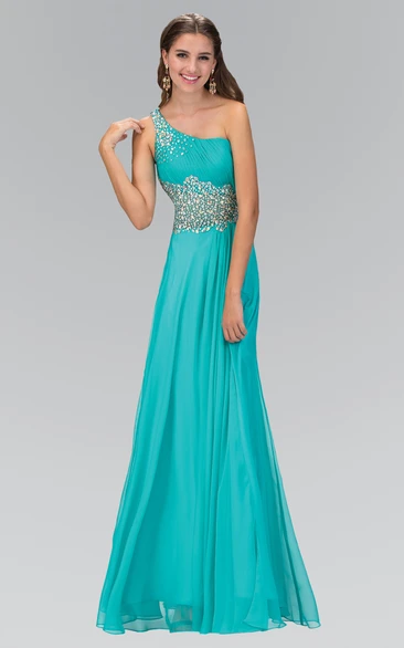 A-Line Chiffon Beaded Formal Dress with One-Shoulder and Ruching