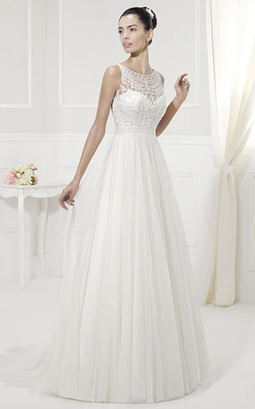 Appliqued Jewel Neckline Pleated Tulle Bridal Gown in A-Line Style