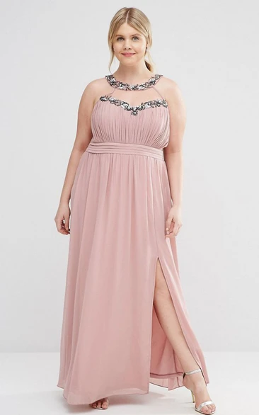 Ankle-Length Beaded Chiffon Bridesmaid Dress with Ruching A-Line Style