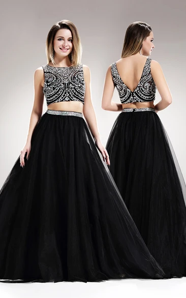 Beaded Two-Piece Ball Gown with Low-V Back Formal Dress