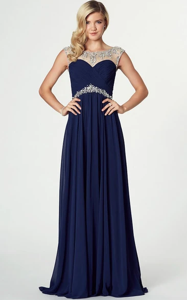 Beaded Sleeveless Chiffon Bateau Neck Prom Dress Classy Evening Dress