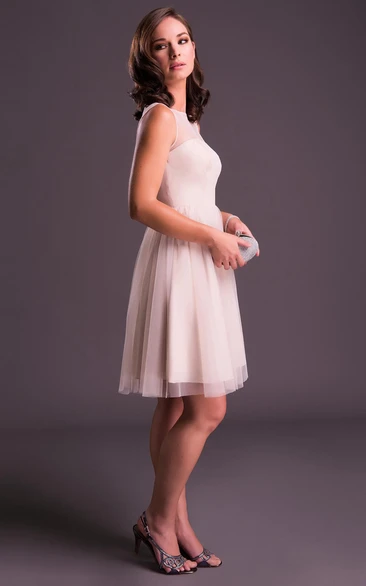 Tulle Pleated Scoop Prom Dress with Illusion Elegant Mini Dress