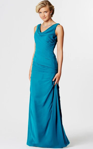Floor-Length Chiffon Bridesmaid Dress with Ruched Cowl Neck and Sleeveless Design